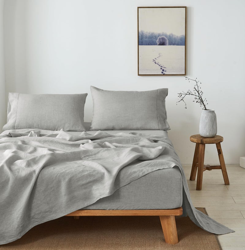 Simple&Opulence 100% French Linen Sheet Set Handmade Hemstitch-4 Pcs Natural Flax Farmhouse Bed Sheets(1 Flat Sheet 1 Fitted Sheet 2 Pillowcases)-Solid Color Soft Breathable Bedding-Light Grey, King - Image 5